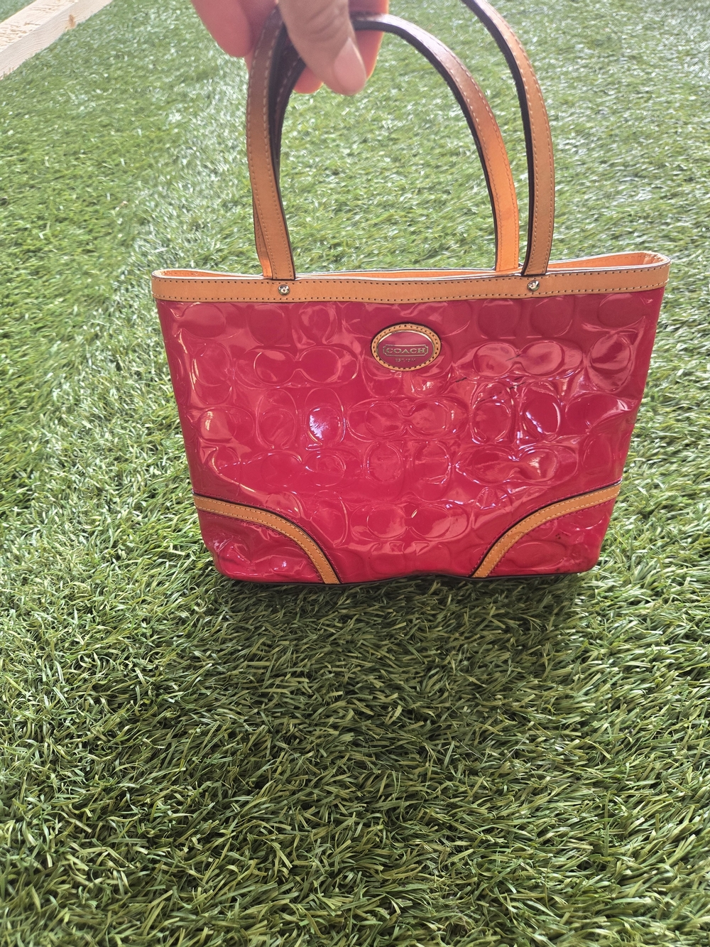 COACH Glossy Red Patent Mini Tote with Tan Trim